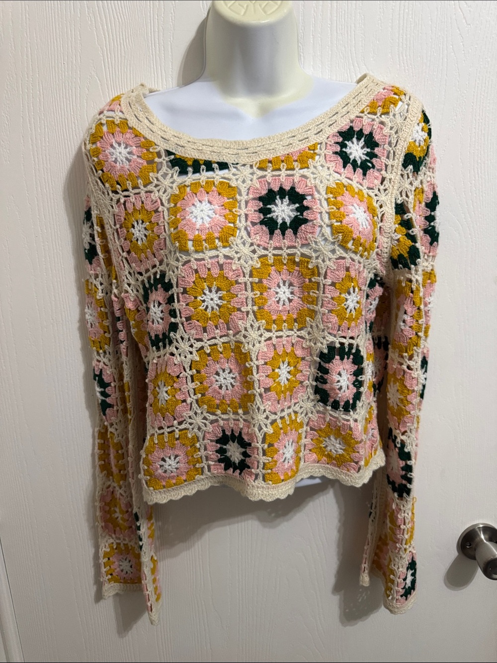Rebellion Again Crochet Granny Square Sweater Multi Color Boho Floral Top Medium